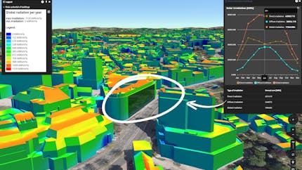 Buildings colored in heatmap showing solar radiation, Virtual City Systems