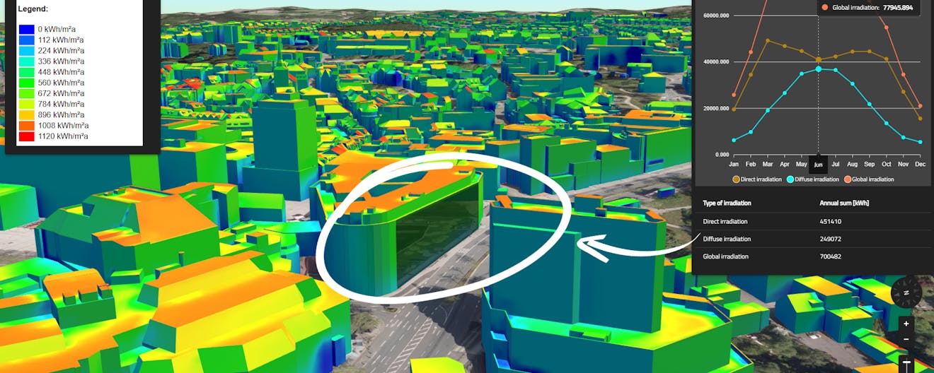 Buildings colored in heatmap showing solar radiation, Virtual City Systems