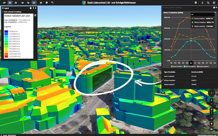 Buildings colored in heatmap showing solar radiation, Virtual City Systems