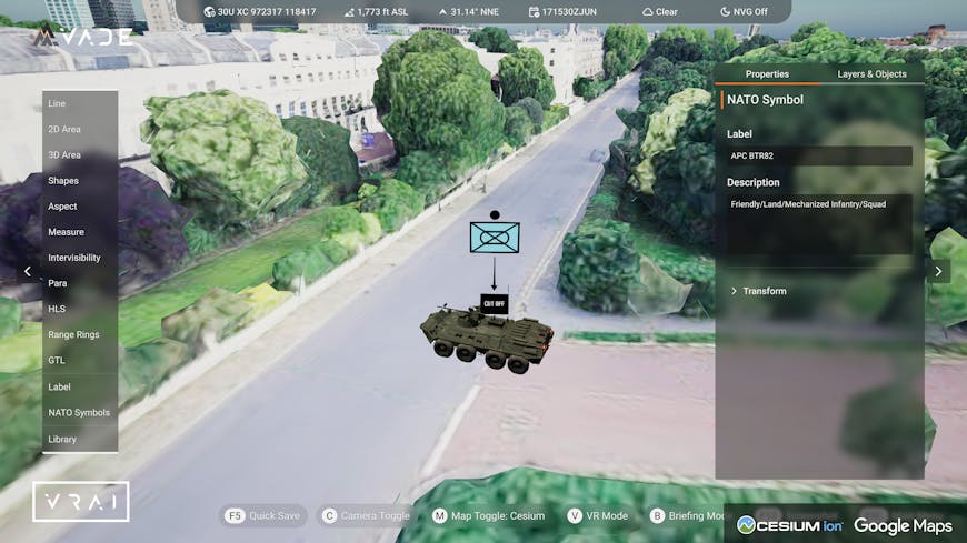 The VADE library includes 3D models of aircraft, tanks, and other vehicles. Courtesy VRAI.