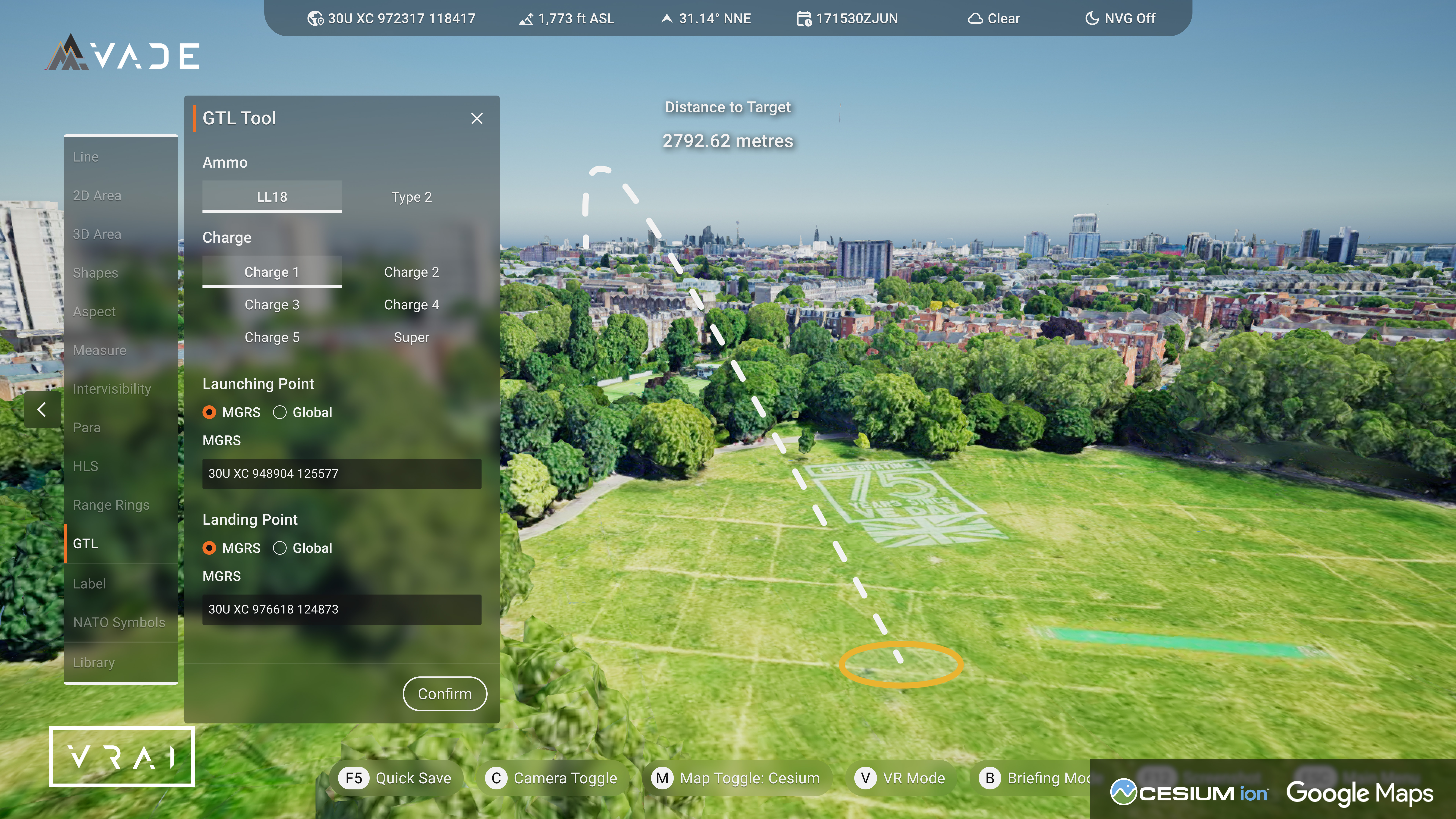 Gun target line visualized in VADE. Courtesy VRAI.