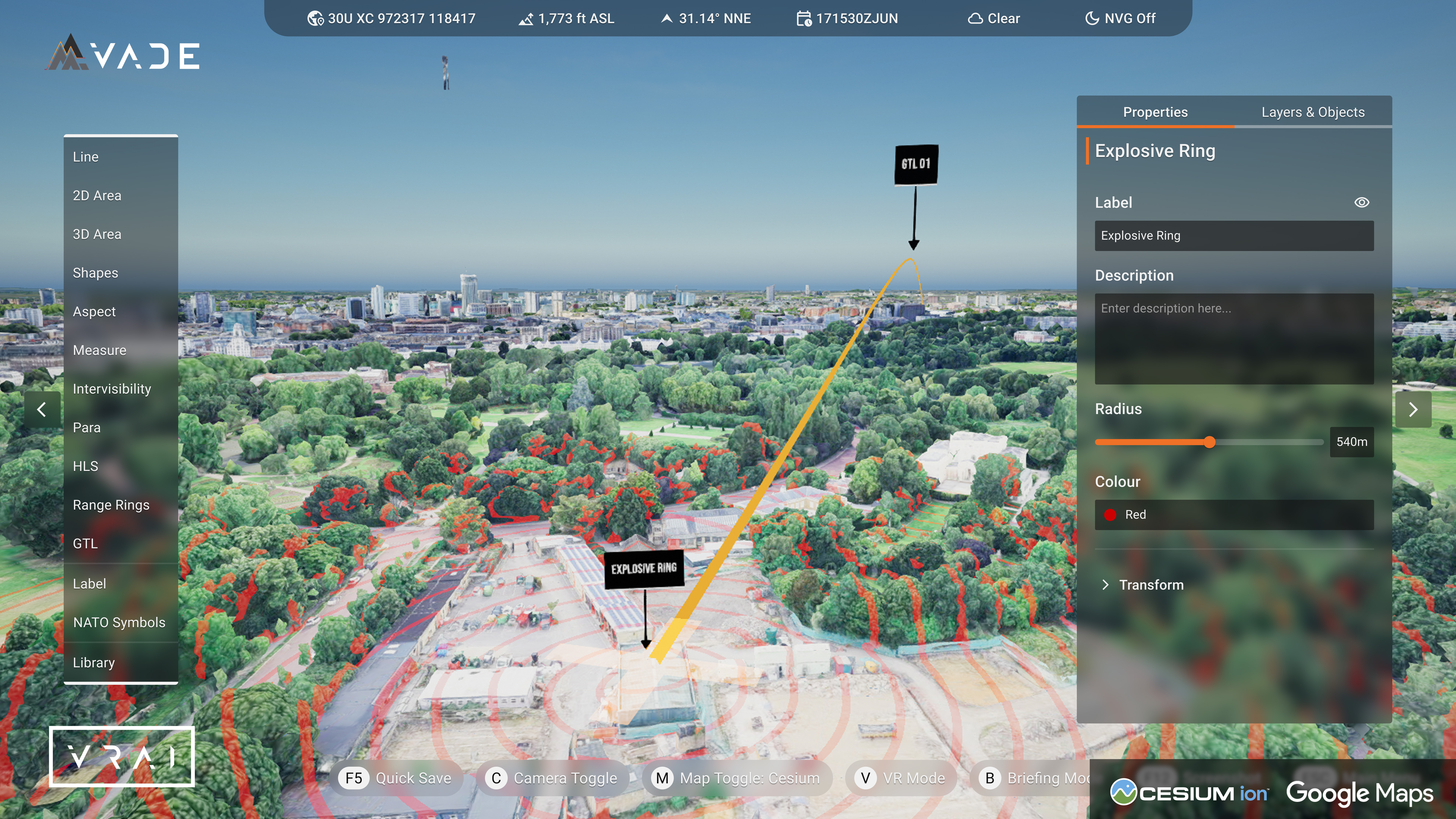 Gun target line and explosive ring visualized in VADE. Courtesy VRAI.