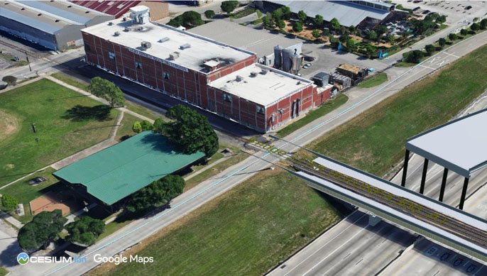 Cesium-powered geospatial capabilities in Connect reveal design conflict between a proposed railroad bridge and a historic building. Courtesy WSB. 