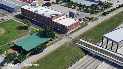 Cesium-powered geospatial capabilities in Connect reveal design conflict between a proposed railroad bridge and a historic building. Courtesy WSB.