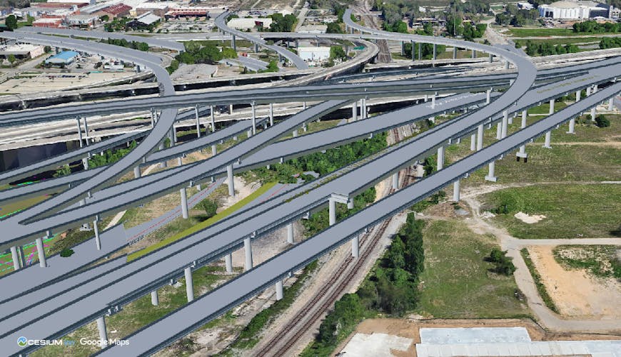 A critical conflict revealed during constructability review: a proposed highway support column lands directly on existing railway tracks. Courtesy WSB.