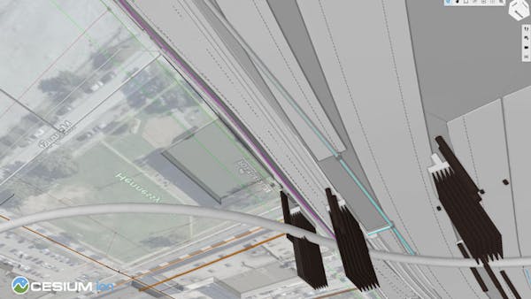A bottom-up view highlights further design conflict between sewer pipes and the proposed bridge pilings. Courtesy WSB.