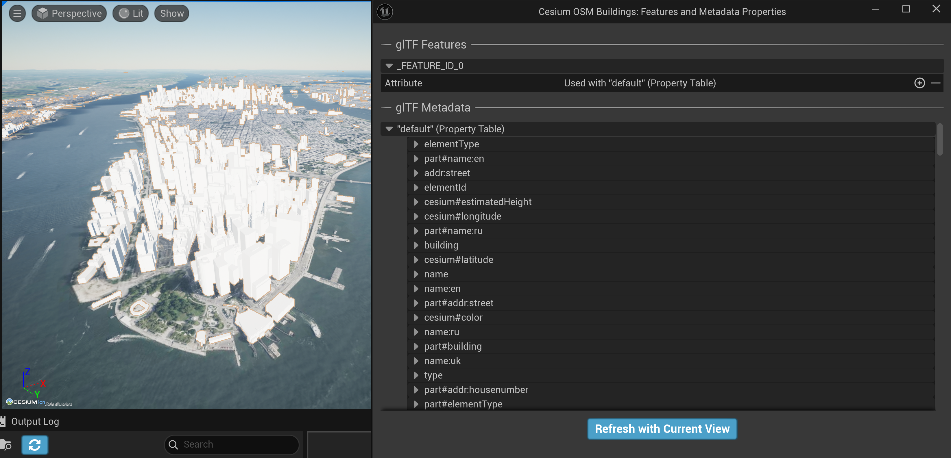 A list of metadata properties available in the New York region of Cesium OSM Buildings, visualized with Cesium for Unreal.