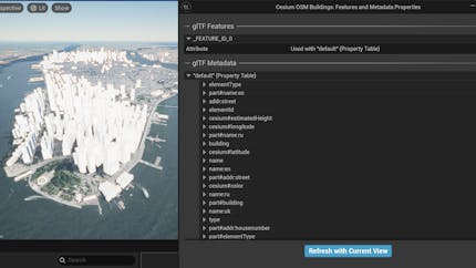 A list of metadata properties available in the New York region of Cesium OSM Buildings, visualized with Cesium for Unreal.