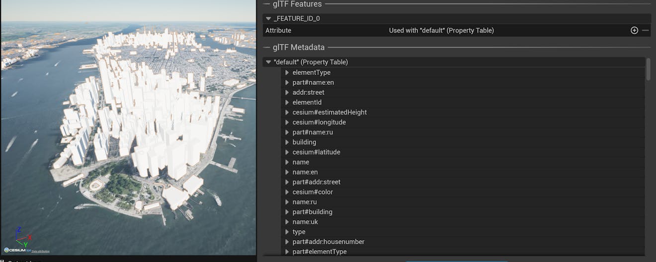 A list of metadata properties available in the New York region of Cesium OSM Buildings, visualized with Cesium for Unreal.