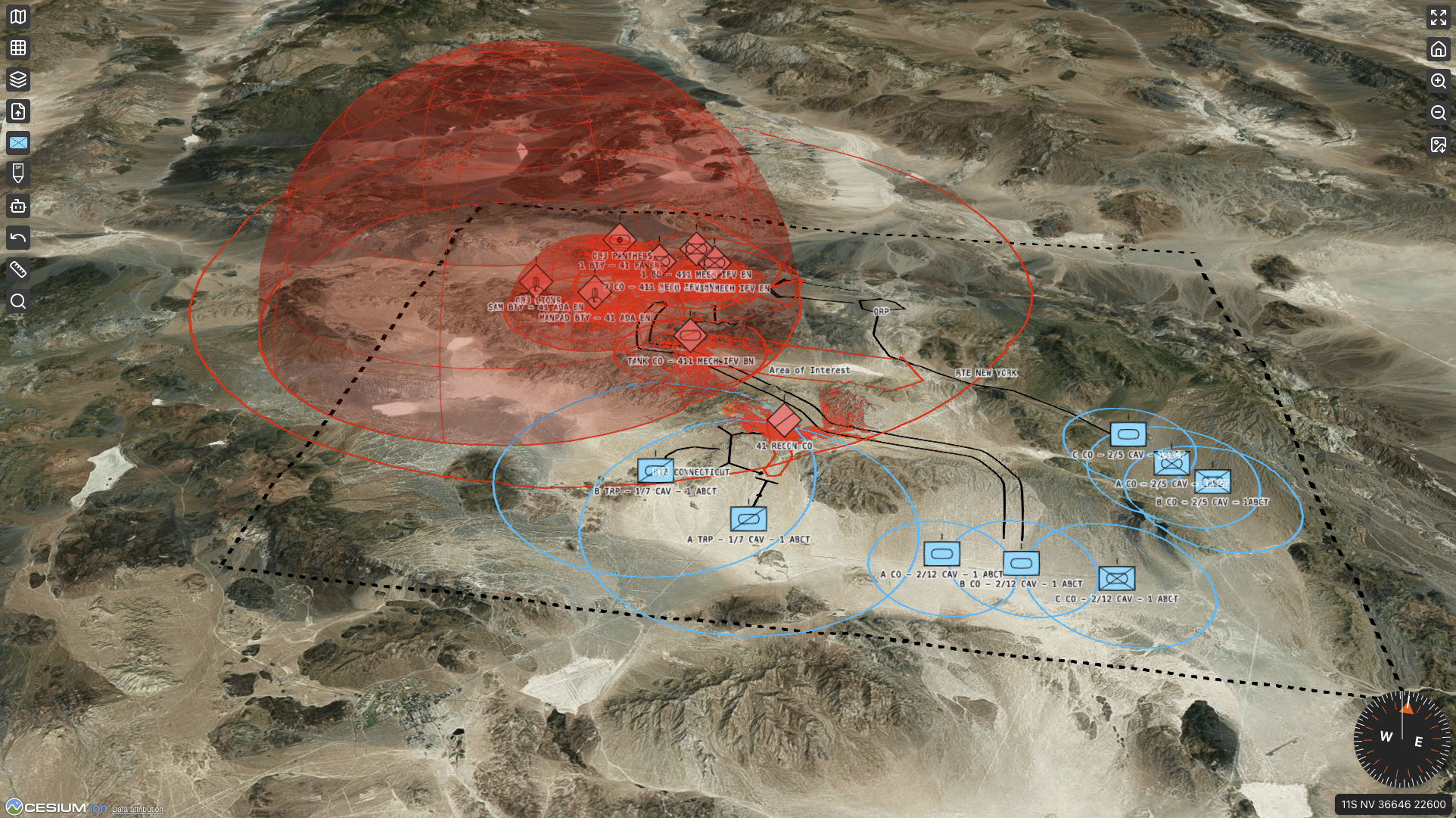 During course-of-action development (COA DEV), planners using Sandtable Mentat create, visualize, and share unit symbology, operational graphics, viewshed, and ranges of weapon systems in 4D. Courtesy Sandtable. 