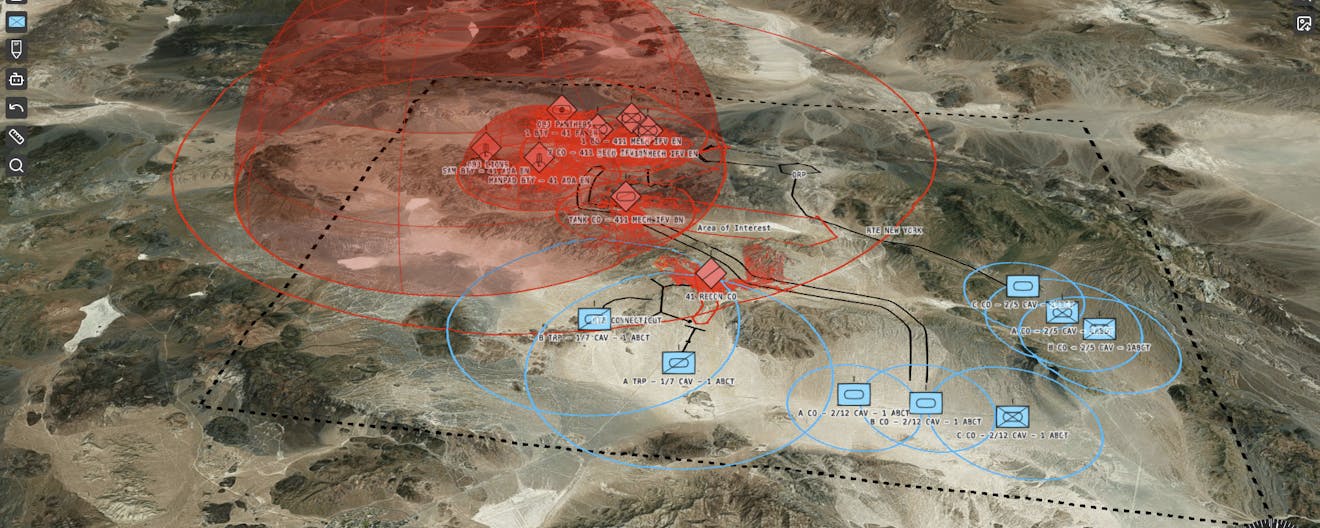 During course-of-action development (COA DEV), planners using Sandtable Mentat create, visualize, and share unit symbology, operational graphics, viewshed, and ranges of weapon systems in 4D. Courtesy Sandtable.