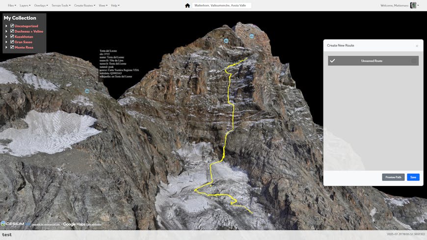 3D image of the Matterhorn in Trailamo with a line showing a climbing route to the summit