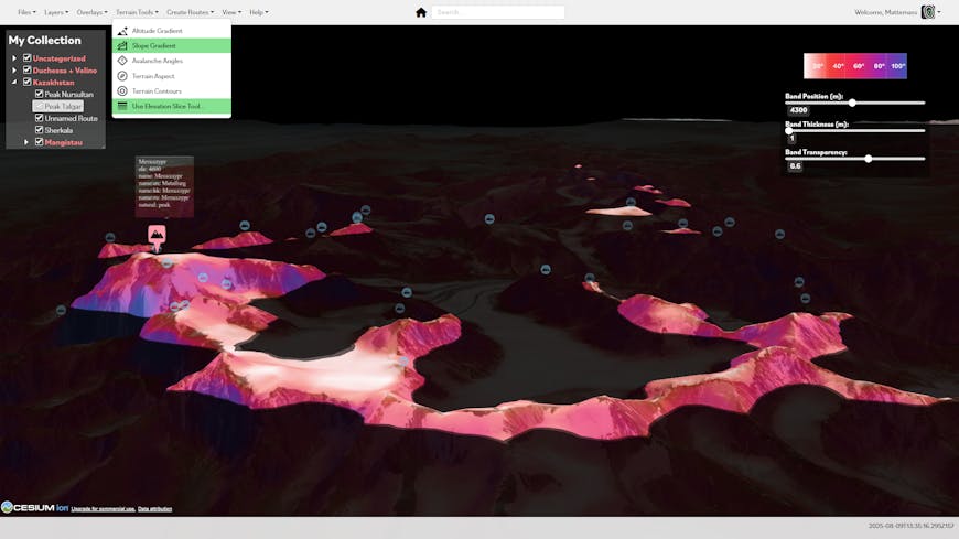 3D model of Trans-Ili Alatau range in Kazakhstan, modeled in Trailamo, with only peaks above a certain altitude  visible