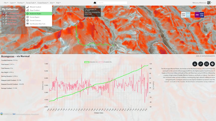 Trailamo colors mountains in Aconcagua Argentina to show avalanche angles
