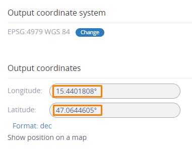 Cesium for Omniverse/Revit tutorial: The resulting latitude and longitude should be displayed under Output coordinates. Write these values down, as they will be used in the next step.