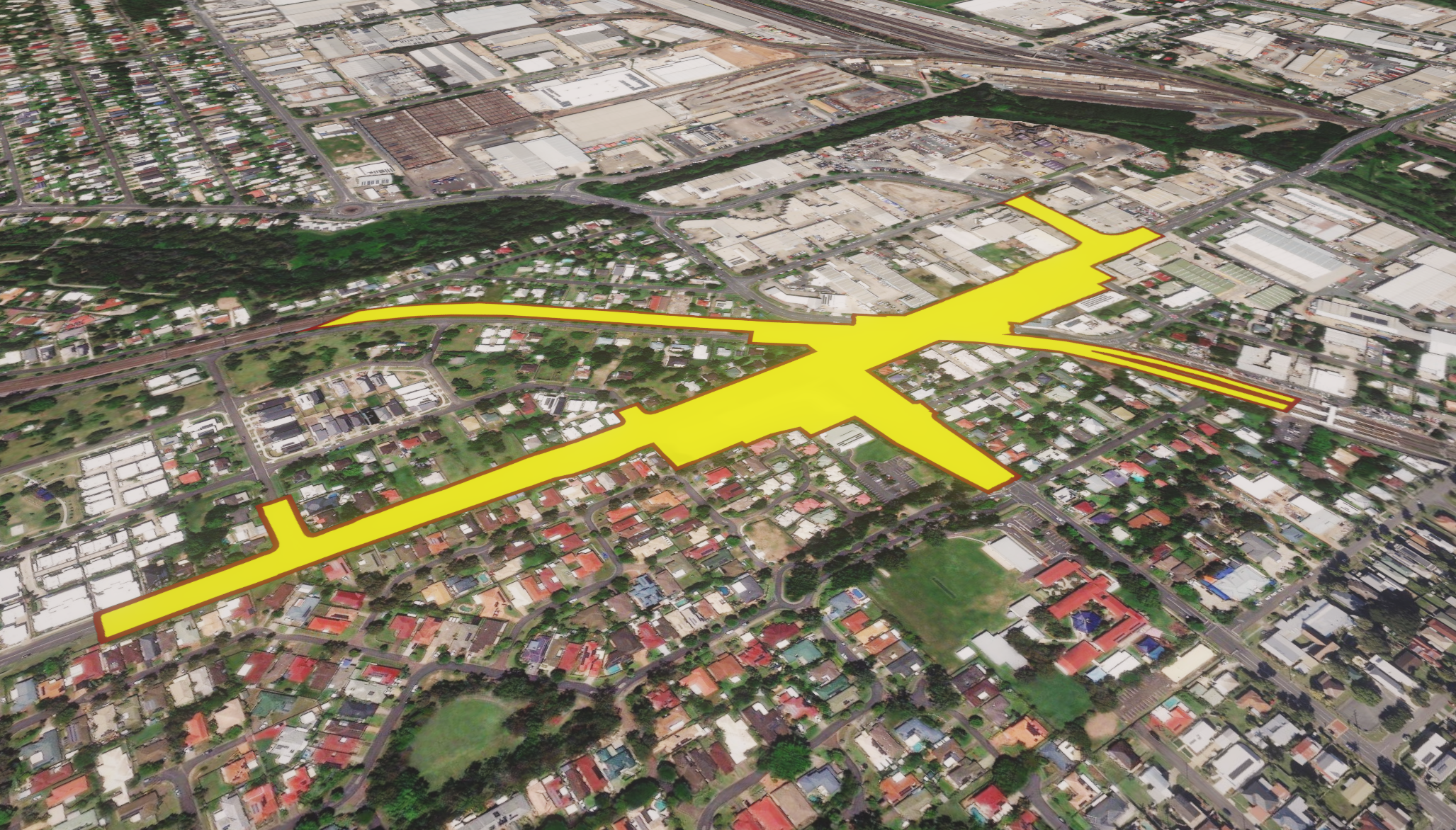A footprint of a proposed design model projected onto Cesium World Terrain using CesiumGeoJsonDocumentRasterOverlay.