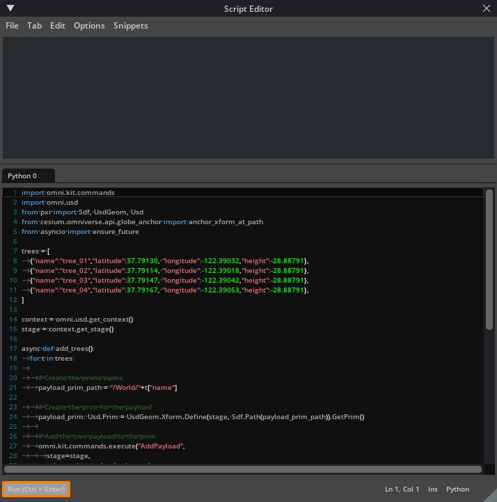 Cesium for Omniverse tutorial: Placing Objects on the Globe. Click the Run button to execute the script.