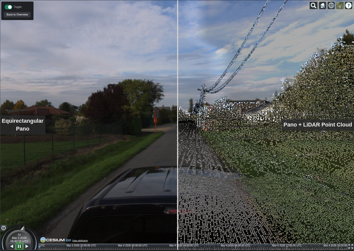 Panoramic image displayed in CesiumJS with LiDAR point cloud, courtesy of Bentley iTwin Capture