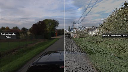 Panoramic image displayed in CesiumJS with LiDAR point cloud, courtesy of Bentley iTwin Capture