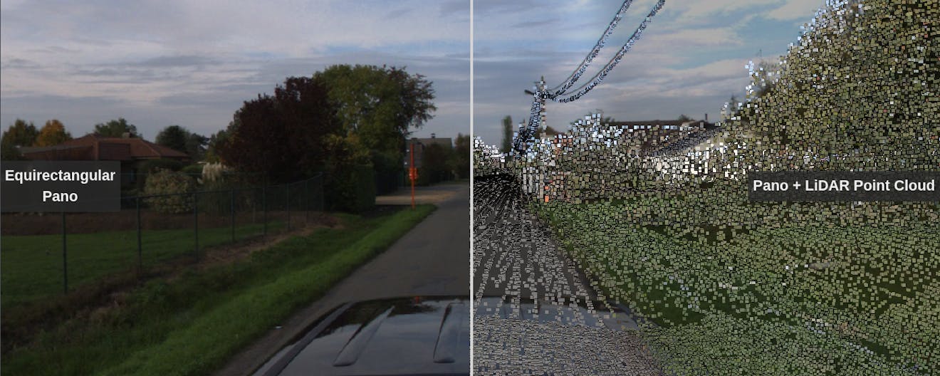 Panoramic image displayed in CesiumJS with LiDAR point cloud, courtesy of Bentley iTwin Capture