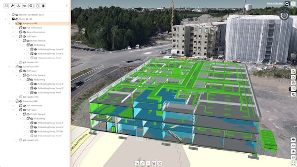 Building information model showing floors, stairs, pipes, and other info in a proposed building. Exteriors of existing high-rise buildings are behind the proposed project.