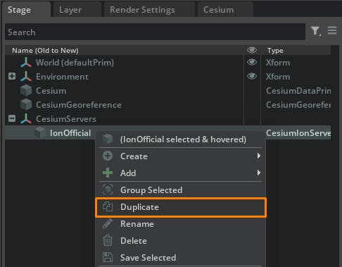 Cesium for Omniverse: Using Cesium ion Self-Hosted. In the stage window, find the CesiumServers/IonOfficial prim. Right-click it and select Duplicate.