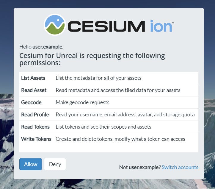 A screenshot of the Cesium for Unreal permissions panel in Unreal Engine 