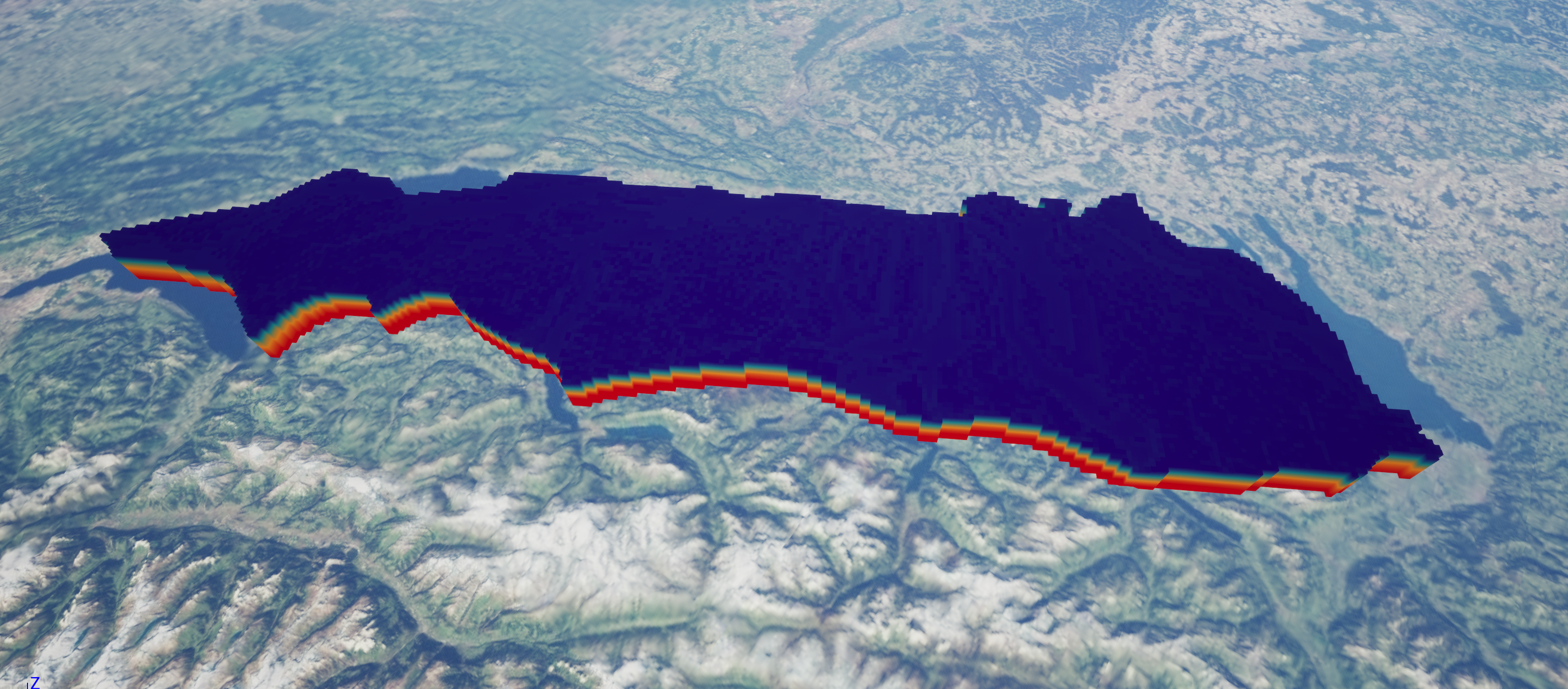Voxel visualization of geothermal temperature data surrounding Lake Thunersee, Switzerland. Visualized in Cesium for Unreal through glTF and 3D Tiles.