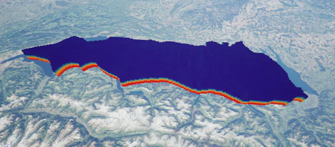 Voxel visualization of geothermal temperature data surrounding Lake Thunersee, Switzerland. Visualized in Cesium for Unreal through glTF and 3D Tiles.