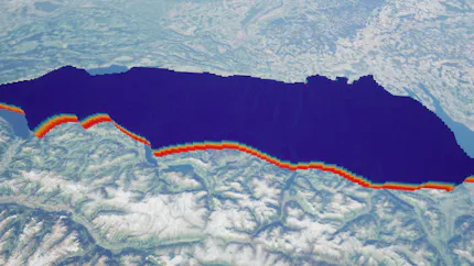 Voxel visualization of geothermal temperature data surrounding Lake Thunersee, Switzerland. Visualized in Cesium for Unreal through glTF and 3D Tiles.