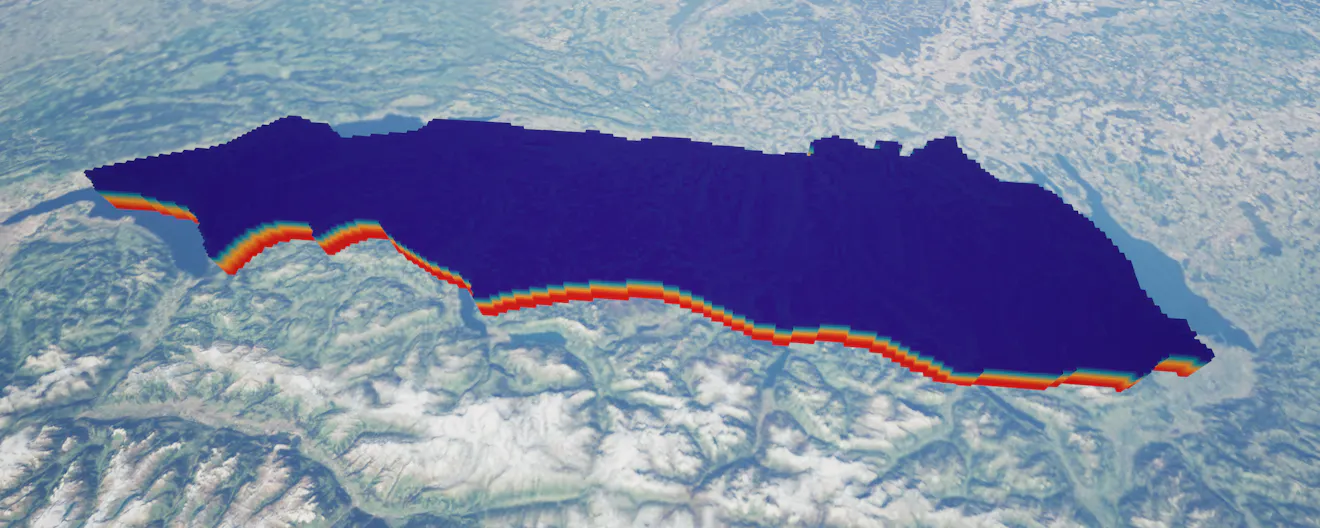 Voxel visualization of geothermal temperature data surrounding Lake Thunersee, Switzerland. Visualized in Cesium for Unreal through glTF and 3D Tiles.