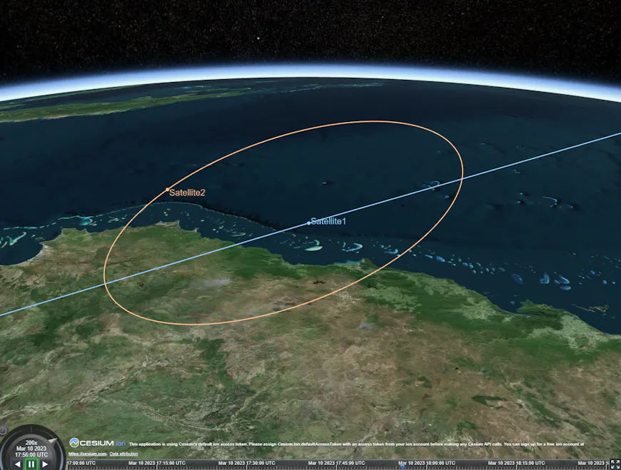 Two orbiting satellites viewed in CesiumJS, with satellite 2's path displayed relative to satellite 1.