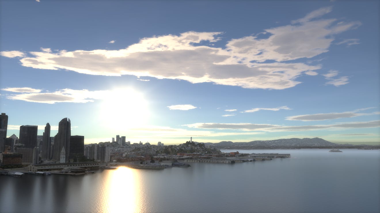 Dynamic skies and sun study in Cesium for Omniverse. Light is reflecting on the water in San Francisco.