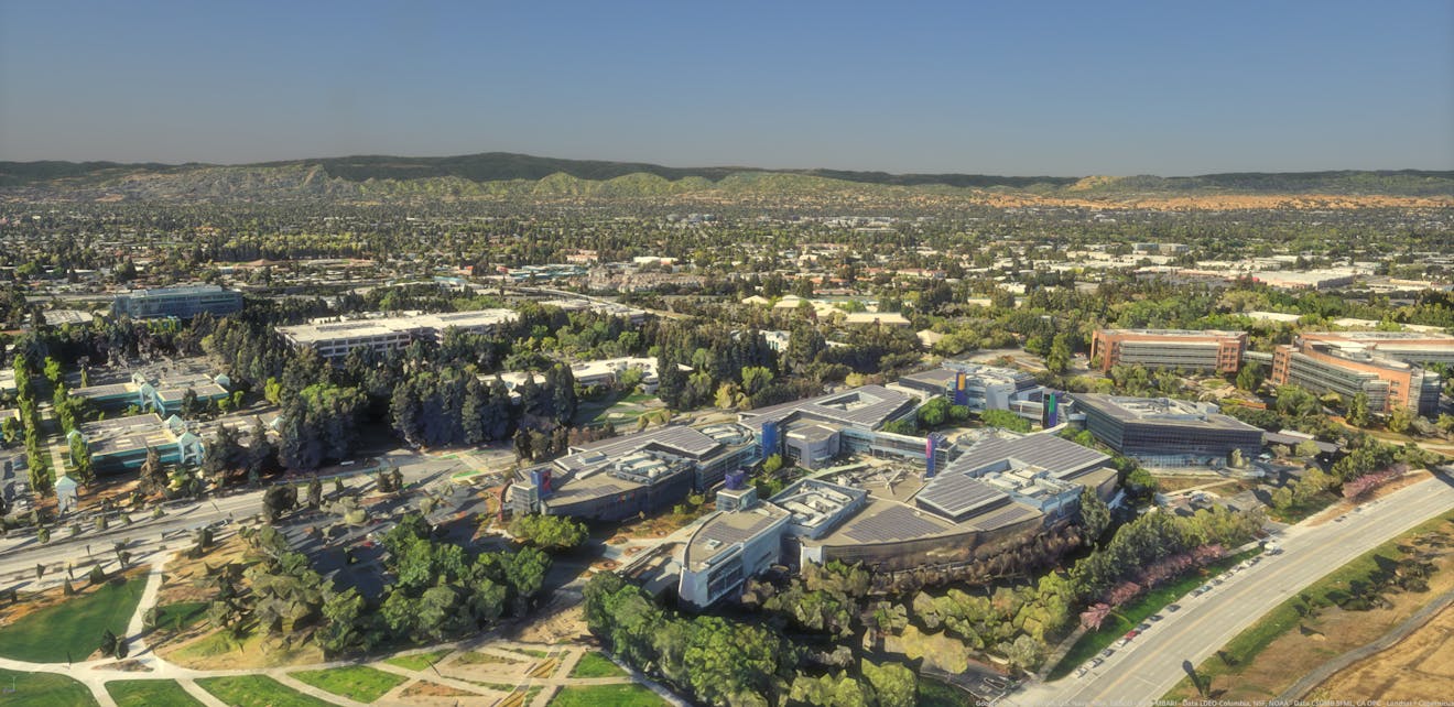 The Googleplex in Mountain View, California, USA, visualized with Photorealistic 3D Tiles in Cesium for Omniverse.