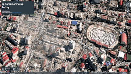 Satellite imagery of Kahramanmaras, Turkey, from Maxar Technologies' Open Data Program in Hidenori Watanave's Cesium Story. Red and blue roofs and destroyed buildings are seen in this city.