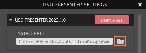 Click the folder icon to open the install path for USD Presenter 2023.1.0. 