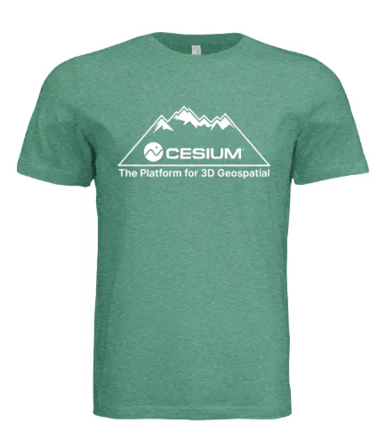 Cesium's GEOINT 2026 t-shirt design: white mountains and text on a green shirt. Cesium, the Platform for 3D Geospatial.