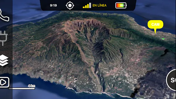 The volcanic eruptions on the Spanish island of La Palma in 2021 were the tipping point for XRF’s founding team. Pictured here is La Palma in XRF's Apolo, a mobile app for units deployed on the ground, built with CesiumJS.