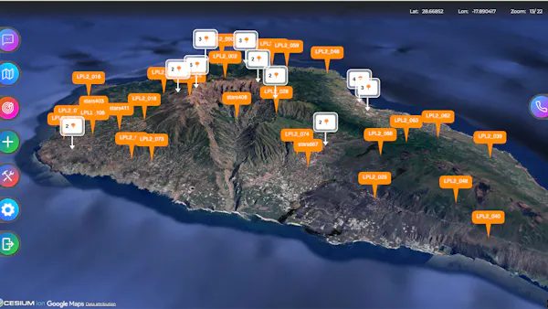 The volcanic eruptions on the Spanish island of La Palma in 2021 were the tipping point for XRF’s founding team. Pictured here is La Palma in XRF's Colossus, a large multitouch command table for fixed control rooms, using CesiumJS.