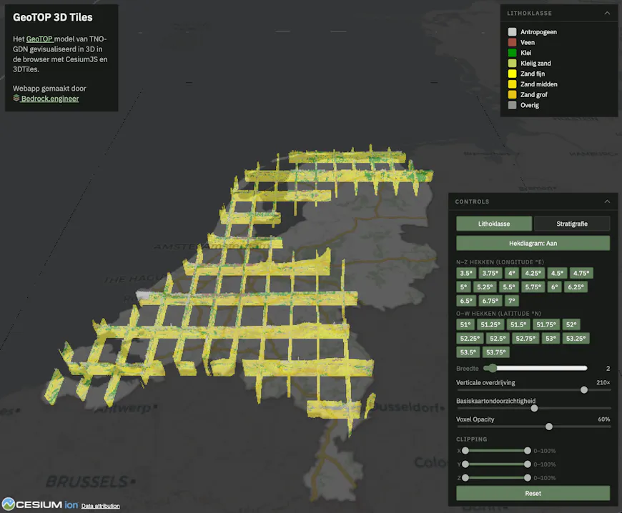Fence diagram of subsurface data in the Netherlands visualized in CesiumJS by Bedrock.engineer using 3D Tiles voxels