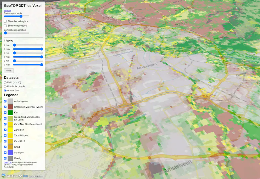 Subsurface GeoTOP data in the Netherlands visualized in CesiumJS by Bedrock.engineer using 3D Tiles voxels