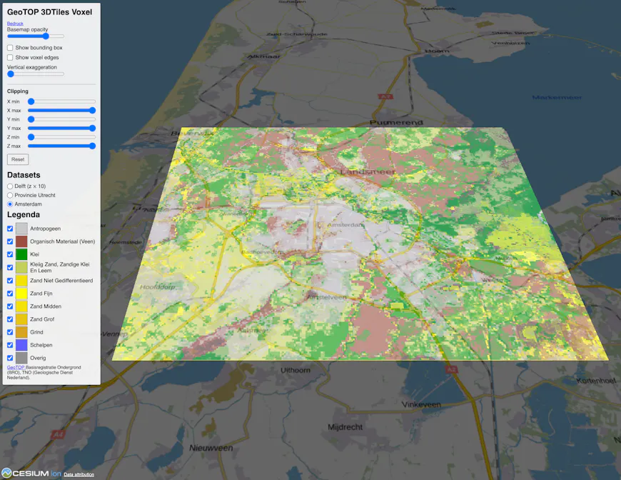 Subsurface data in Amsterdam visualized in CesiumJS by Bedrock.engineer using 3D Tiles voxels
