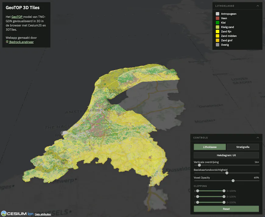 Subsurface data in the Netherlands visualized in CesiumJS by Bedrock.engineer using 3D Tiles voxels