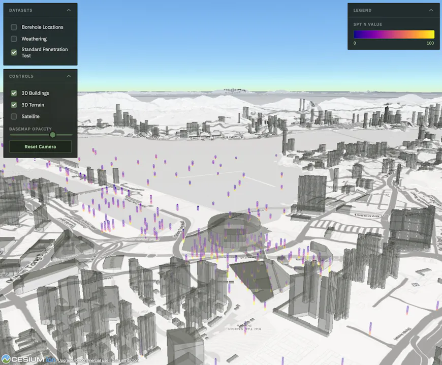 Boreholdes in Hong Kong visualized in CesiumJS by Bedrock.engineer