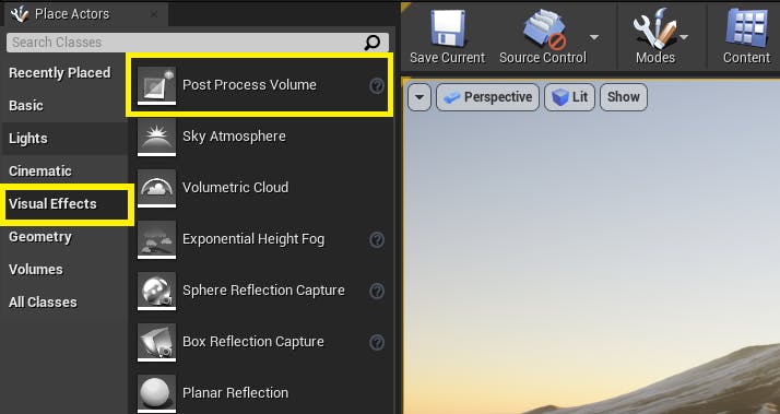 UE Editor Visual Effects tab with Post Process Volume highlighted