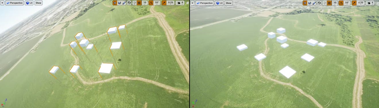 In UE, a locally loaded tileset in a green field before and after setting the georeference origin to fix the orientation.
