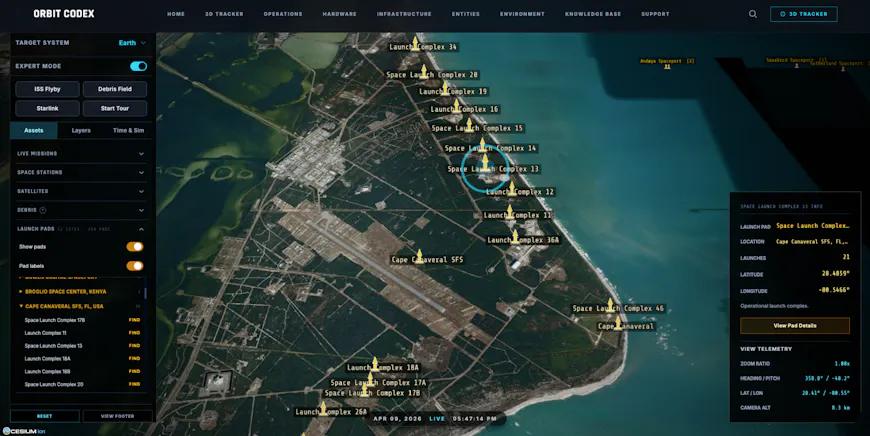 Launch pads at Cape Canaveral mapped in CesiumJS by Orbit Codex