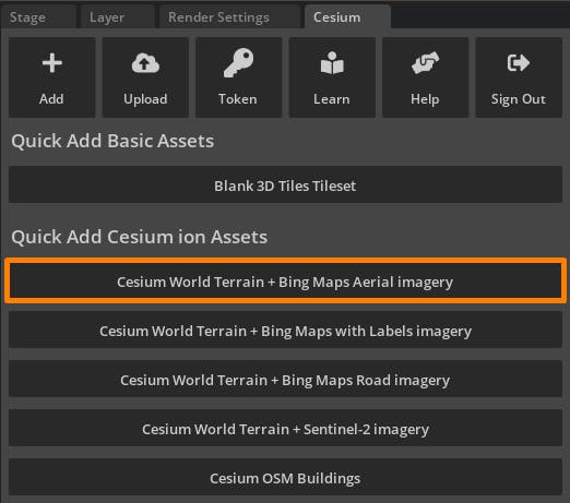 Cesium for Omniverse Graphisoft Archicad tutorial: From the Cesium window, add Cesium World Terrain + Bing Maps Aerial imagery to the stage.