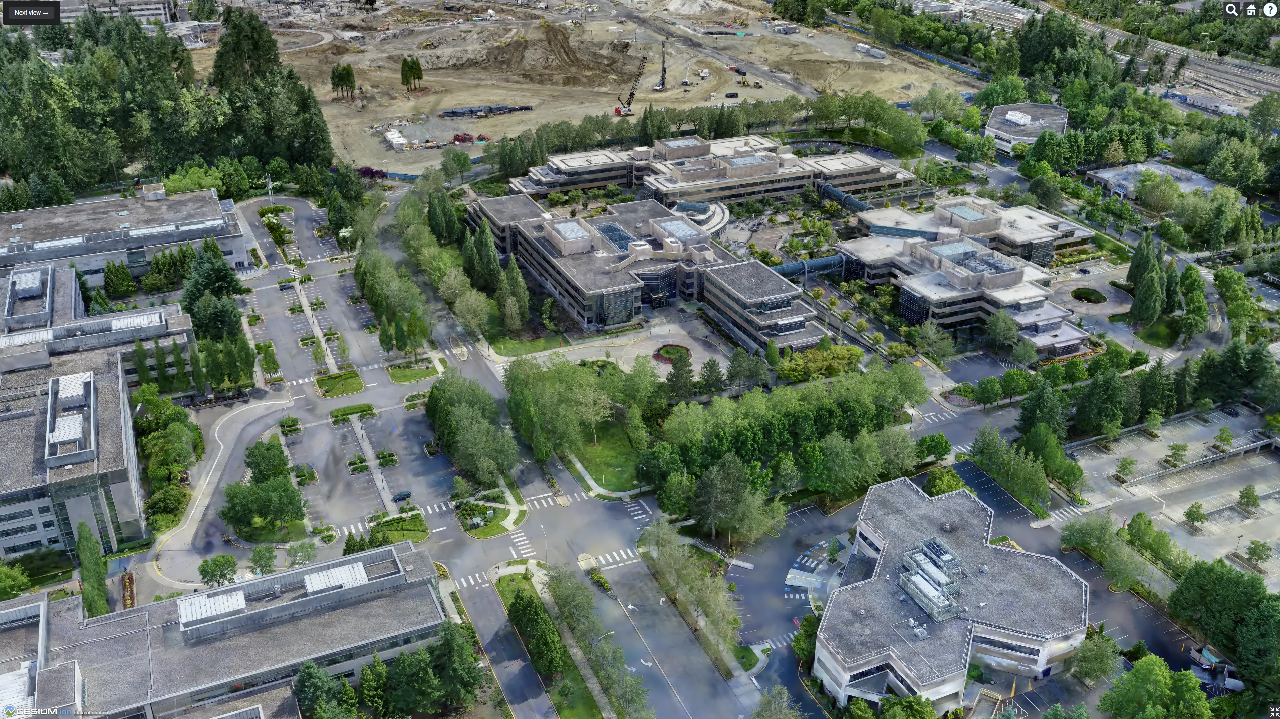 3D Gaussian splatting tileset of Microsoft Redmond Campus, as viewed in CesiumJS. Captured in partnership with Bentley Systems. This tileset uses 20,169 photos (427.7 gigapixels, DJI FC6310 camera) and covers an area of about 3.7 sq km, with mean ground sampling distance 3 cm. The reconstruction is 110 million splats.