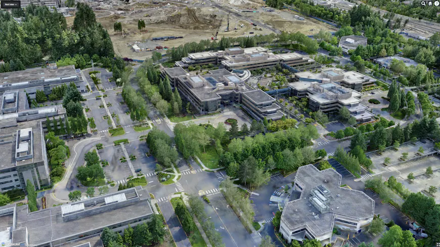 3D Gaussian splatting tileset of Microsoft Redmond Campus, as viewed in CesiumJS. Captured in partnership with Bentley Systems. This tileset uses 20,169 photos (427.7 gigapixels, DJI FC6310 camera) and covers an area of about 3.7 sq km, with mean ground sampling distance 3 cm. The reconstruction is 110 million splats.